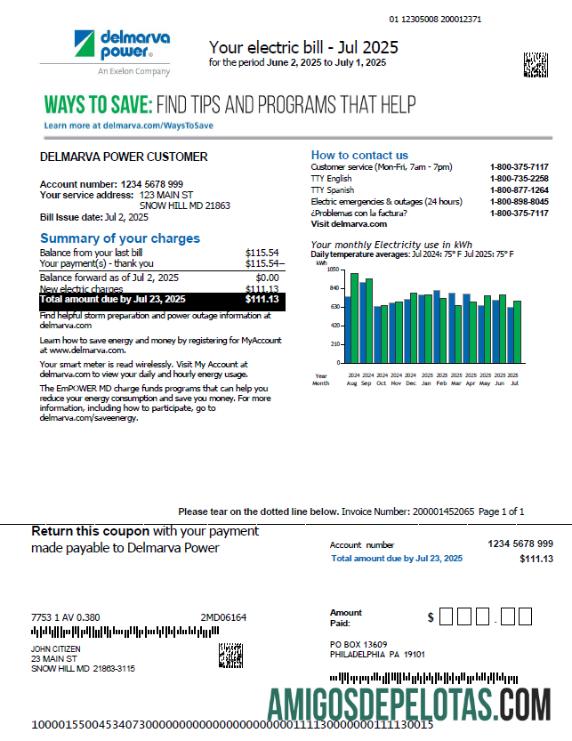 realista Modelo de conta de serviços públicos de energia Delmarva dos EUA em formatos Word e PDF, versão 3